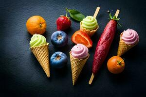 une variété de fruit et des légumes dans la glace crème cônes. généré par ai photo