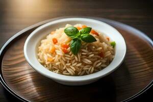 une assiette de riz avec des légumes et basilic. généré par ai photo