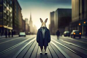 une lapin dans une manteau et attacher permanent sur une rue. généré par ai photo