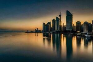 le ville horizon à le coucher du soleil dans Dubai. généré par ai photo