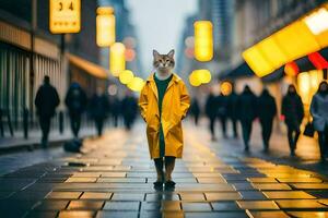 une chat dans une Jaune imperméable permanent sur une rue. généré par ai photo