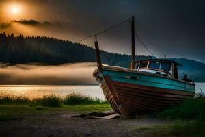 une bateau est assis sur le rive de une Lac à le coucher du soleil. généré par ai photo