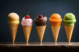 cinq différent la glace crème cônes dans une ligne. généré par ai photo