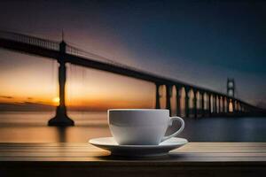 le pont, café, lever du soleil, le d'or heure, HD fond d'écran. généré par ai photo