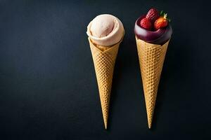 deux la glace crème cônes avec des fraises sur Haut. généré par ai photo