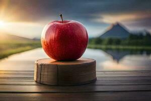 un Pomme est assis sur Haut de une en bois table dans de face de une lac. généré par ai photo