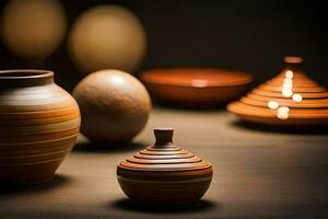 une groupe de marron des vases et une petit un. généré par ai photo