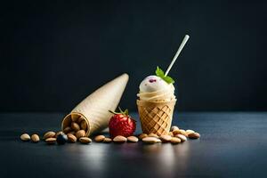 la glace crème cône avec des fraises et des noisettes sur une foncé Contexte. généré par ai photo