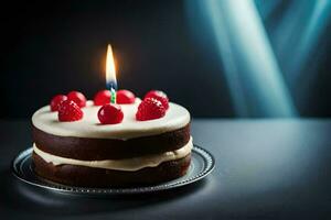 une anniversaire gâteau avec une Célibataire bougie. généré par ai photo