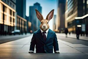 une lapin habillé dans une costume et cravate. généré par ai photo