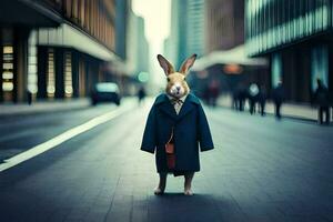 une lapin habillé dans une costume et attacher permanent sur une ville rue. généré par ai photo