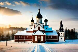 une église dans le neige avec une Soleil réglage derrière il. généré par ai photo