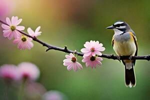 une oiseau est assis sur une branche avec rose fleurs. généré par ai photo