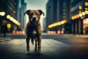 une chien permanent dans le milieu de une ville rue. généré par ai photo