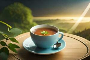 une tasse de thé sur une en bois table avec une vue de le montagnes. généré par ai photo