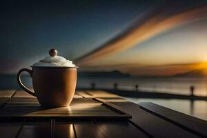une café tasse avec fouetté crème sur Haut est assis sur une en bois tableau. généré par ai photo