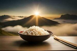 riz dans une bol avec baguettes sur une table dans de face de montagnes. généré par ai photo