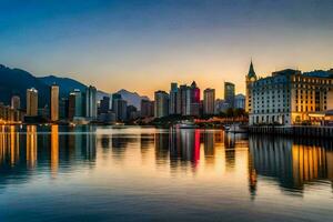 le horizon de Hong kong à le coucher du soleil. généré par ai photo