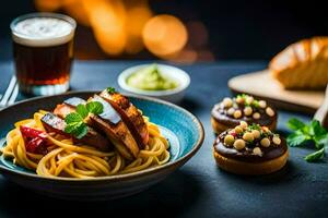 une assiette de spaghetti avec Viande et pain sur une tableau. généré par ai photo