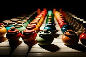 une rangée de coloré des pots sur une tableau. généré par ai photo