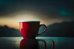 une rouge café tasse est assis sur une table dans de face de une Montagne. généré par ai photo