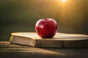 un Pomme est assis sur Haut de un ouvert livre. généré par ai photo