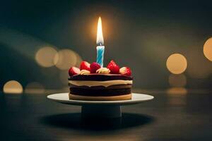 une anniversaire gâteau avec une Célibataire bougie. généré par ai photo