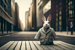 une lapin portant une costume et attacher permanent sur une rue. généré par ai photo