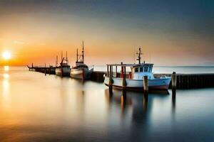 bateaux amarré à le jetée à le coucher du soleil. généré par ai photo