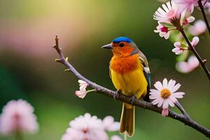 une coloré oiseau est assis sur une branche avec rose fleurs. généré par ai photo