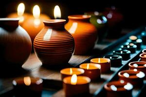 bougies sont allumé dans une rangée de vases. généré par ai photo