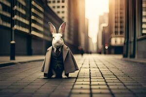 une lapin portant une costume et attacher permanent sur une ville rue. généré par ai photo