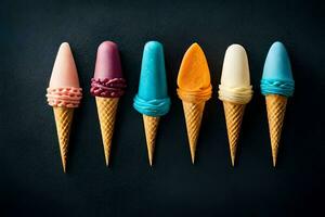 cinq la glace crème cônes avec différent couleurs sur une noir Contexte. généré par ai photo