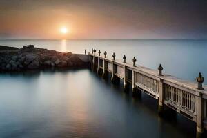 une longue exposition photographier de une jetée à le coucher du soleil. généré par ai photo