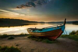 une bateau est assis sur le rive de une Lac à le coucher du soleil. généré par ai photo