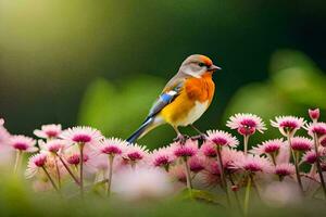 une petit oiseau est séance sur Haut de certains rose fleurs. généré par ai photo