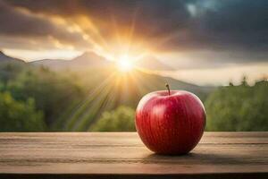 un Pomme est assis sur une en bois table dans de face de une le coucher du soleil. généré par ai photo