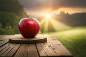 un Pomme est assis sur une en bois table dans de face de une le coucher du soleil. généré par ai photo