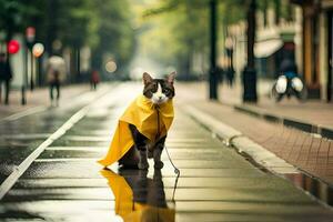 une chat dans une Jaune imperméable permanent sur une humide rue. généré par ai photo