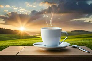 une tasse de café sur une table dans le campagne. généré par ai photo