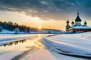 le Soleil monte plus de une neigeux rivière et une église. généré par ai photo