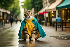 une chat portant une Jaune et bleu manteau sur une pluvieux rue. généré par ai photo