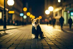 une chien dans une costume séance sur le rue à nuit. généré par ai photo