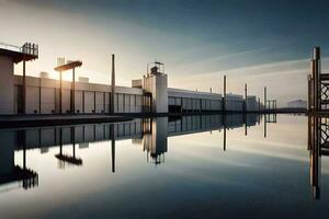 une grand industriel bâtiment avec une grand l'eau corps. généré par ai photo