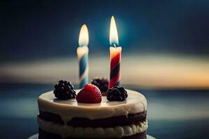 anniversaire gâteau avec deux bougies sur Haut. généré par ai photo