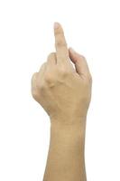 main féminine avec index levé sur fond blanc photo