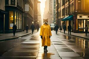 une Renard dans une Jaune imperméable en marchant vers le bas une ville rue. généré par ai photo