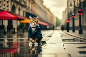 une chat dans une costume permanent sur une humide rue. généré par ai photo