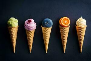 cinq la glace crème cônes avec différent les saveurs. généré par ai photo