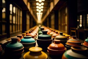 une rangée de coloré des vases dans une couloir. généré par ai photo